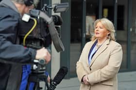 Royal College of Nursing (RCN) general secretary Pat Cullen speaks to the media as she leaves BBC Broadcasting House in London, after appearing on the BBC One current affairs programme, Sunday with Laura Kuenssberg