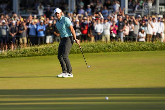 Rory McIlroy reacts after missing a putt on the 18th hole during the final round of the U.S. Open golf tournament at Los Angeles Country Club on Sunday, June 18, 2023, in Los Angeles. (AP Photo/Matt York)
