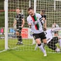 Glentoran captain James Singleton celebrates during the weekend win over Ballymena United, with Larne the next Sports Direct Premiership challenge. (Photo by Colm Lenaghan/Pacemaker)
