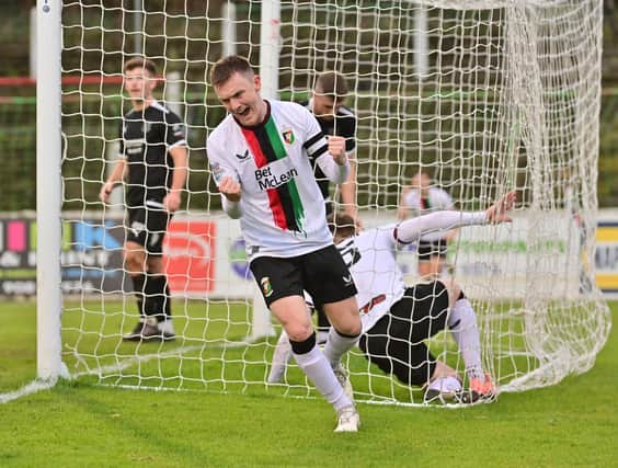 Glentoran captain James Singleton celebrates during the weekend win over Ballymena United, with Larne the next Sports Direct Premiership challenge. (Photo by Colm Lenaghan/Pacemaker)