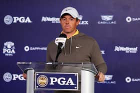 Rory McIlroy speaks to the media during a press conference prior to the 2023 PGA Championship at Oak Hill Country Club