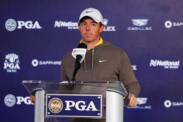 Rory McIlroy speaks to the media during a press conference prior to the 2023 PGA Championship at Oak Hill Country Club