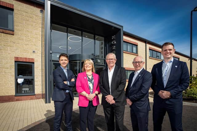The Keystone Group, one of the UK and Ireland’s leading manufacturers of construction products, has today (9th May) officially opened its new headquarters in Cookstown, Co. Tyrone, ahead of welcoming 400 guests to Northern Ireland for a 35th-anniversary gala event in Titanic Belfast this evening, hosted by popular broadcaster, Patrick Kielty. Pictured is Keystone Group HQ at the official opening