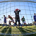 Limavady United react to conceding a last-gasp Glentoran goal as scorer Daniel Larmour leads the home celebrations. (Photo by David Maginnis/Pacemaker Press)