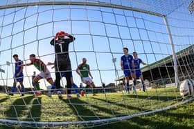 Limavady United react to conceding a last-gasp Glentoran goal as scorer Daniel Larmour leads the home celebrations. (Photo by David Maginnis/Pacemaker Press)
