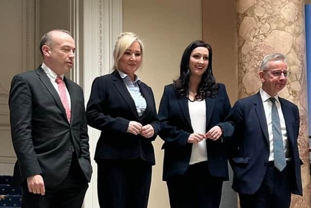Northern Ireland's first and deputy first ministers meet with the UK government as part of the new UK East-West council, set up as part of the DUP - Government Safeguarding the Union deal.