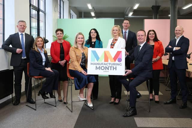 Some of Northern Ireland’s leading companies and organisations announcing their sponsorship of Manufacturing Month at NOW Group: Chris Guy, Partner, Mills Selig, Jean McCullough, branch manager, Reliance Automation, Grainne McVeigh, Advanced Manufacturing and Engineering, Invest NI, Mary Meehan, deputy chief executive, Manufacturing NI, Rachel Doherty, Anchor High Summit director, Aodheen Dougan, business engagement manager, Manufacturing NI, John Mathers, director, Barclays, Stephen Kelly, chief executive, Manufacturing NI, Maeve Monaghan, chief executive, NOW Group and Johnny Hanna, partner, KPMG