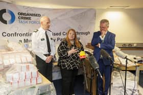 (left to right) Assistant Chief Constable Davy Beck, Stormont Justice Minister Naomi Long and Health Minister Mike Nesbitt speak to the media at Castle Buildings, Stormont, following the seizure of illicit drugs as part of Operation Pangea. Picture date: Thursday June 26, 2025. PA Photo. Photo credit should read: Liam McBurney/PA Wire