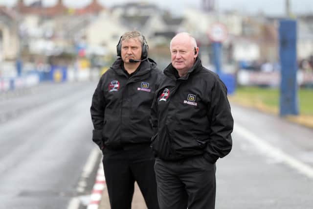 North West 200 race chief Mervyn Whyte with Stanleigh Murray, Clerk of the Course on the grid at the event in 2019