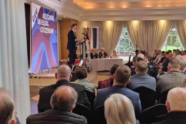 Richard Tice, the leader of Reform UK, speaks at the TUV conference in Kells, Co Antrim where his party has tied up with Jim Allister's for the coming election. Saturday March 16 2024