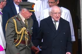 File photo dated 10/02/24 of President Michael D. Higgins, leaving Saints Peter's and Paul's Church in Dunboyne, Co Meath
