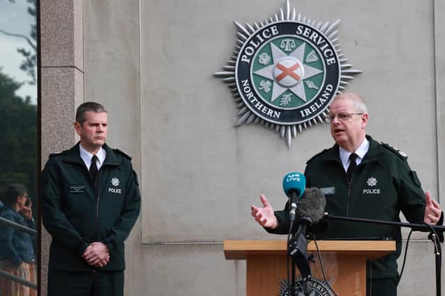 PSNI Chief Constable Simon Byrne and ACC Chris Todd speaking to the media outside the force's headquarters in Belfast. Photo: Liam McBurney/PA Wire