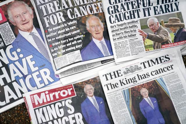 The front pages of UK national newspapers, following the announcment of King Charles III's cancer diagnosis on Monday evening. The King has been diagnosed with a form of cancer and has begun a schedule of regular treatments, and while he has postponed public duties he "remains wholly positive about his treatment", Buckingham Palace said. Picture date: Tuesday February 6, 2024. PA Photo.
