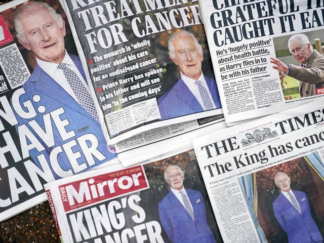 The front pages of UK national newspapers, following the announcment of King Charles III's cancer diagnosis on Monday evening. The King has been diagnosed with a form of cancer and has begun a schedule of regular treatments, and while he has postponed public duties he "remains wholly positive about his treatment", Buckingham Palace said. Picture date: Tuesday February 6, 2024. PA Photo.