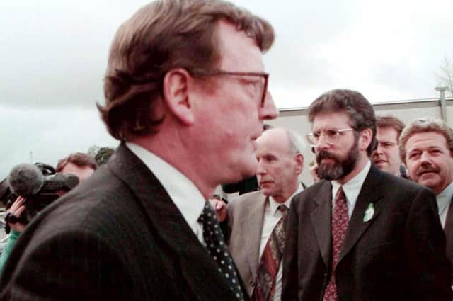 The then Ulster Unionist leader David Trimble and Sinn Fein President Gerry Adams pass within touching distance outside Castle Buildings, Stormont during a break in the 1998 negotiations before the signing of the Good Friday Agreement. Adams was so aware of Trimble’s almost physical revulsion. that he made constant attempts to shake hands with Trimble