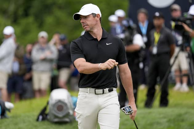 Rory McIlroy reacts after missing a putt on the fifth hole during yesterday’s second round of the PGA Championship. (Photo by AP Photo/Jeff Roberson)