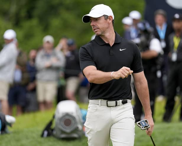 Rory McIlroy reacts after missing a putt on the fifth hole during yesterday’s second round of the PGA Championship. (Photo by AP Photo/Jeff Roberson)