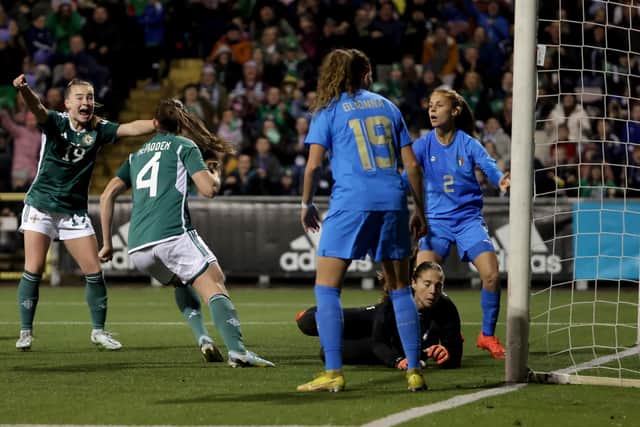 Northern Ireland’s Sarah McFadden celebrates scoring against Italy during Tuesday night's friendly at Seaview in Belfast.