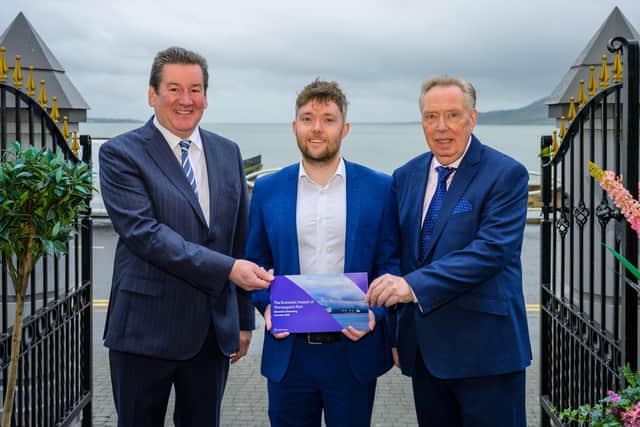 Record year for Warrenpoint Harbour Authority after £3.4bn trade flow. Pictured at the report’s launch on Tuesday are Warrenpoint Harbour Authority (WHA) chief executive David Holmes, Andrew Park (Grant Thornton) and Dr Gerard O’Hare CBE DL, chair of WHA