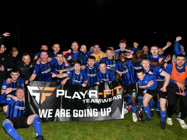 Armagh City celebrate promotion to the Championship. PIC: NIFL