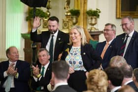 The DUP leader Sir Jeffrey Donaldson, standing second from right, and UUP Leader Doug Beattie with the SDLP leader Colum Eastwood and Sinn Fein's Michelle O'Neill during a St Patrick's Day celebration reception at the White House in Washington. You would think unionists should be in such intense discussions with their own government about the Irish Sea border that they would have little time for anything else