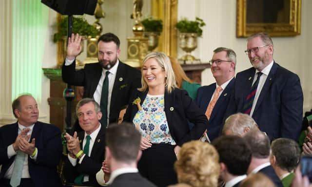 The DUP leader Sir Jeffrey Donaldson, standing second from right, and UUP Leader Doug Beattie with the SDLP leader Colum Eastwood and Sinn Fein's Michelle O'Neill during a St Patrick's Day celebration reception at the White House in Washington. You would think unionists should be in such intense discussions with their own government about the Irish Sea border that they would have little time for anything else