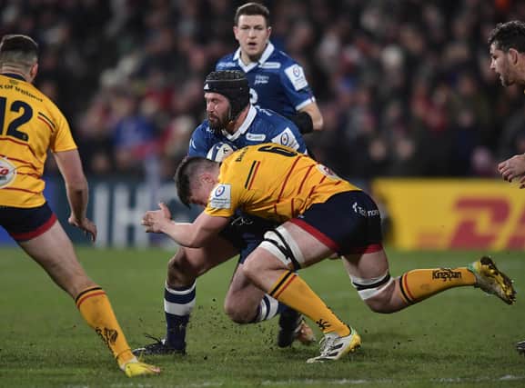 Ulster's Harry Sheridan tackles Bevan Rodd of Sale during the Champions Cup match at Kingspan Stadium last Saturday.
