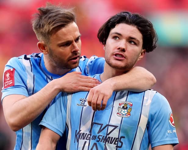Coventry City's Matthew Godden (left) and Callum O'Hare after the dramatic FA Cup semi-final loss to Manchester United at Wembley. (Photo by Mike Egerton/PA Wire)