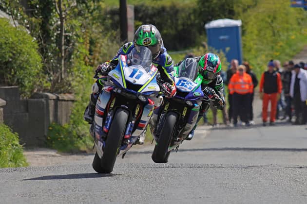 Dominic Herbertson (Burrows Engineering/RK Racing Yamaha) leads Michael Sweeney (EM Building Yamaha) in the Supersport race at the Cemcor Cookstown 100 on Saturday