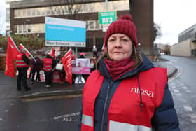 Carmel Gates, NIPSA General Secretary, at a picket line during a 24 hour strike outside the Nightingale hospital at the Belfast City hospitals, Northern Ireland. Monday December 12, 2022.