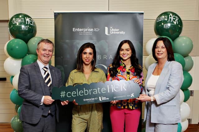 Malachy O’Neill, Ulster University director of regional engagement; Caroline O’Neill, founder of Digg Mama, The Digg Podcast and the NI Social Media Awards, Ailbhe Keane, co-founder of Izzy Wheels; Jayne Taggart, Enterprise Causeway CEO
