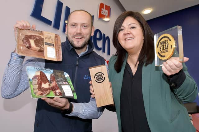 Linden Foods staff Keith Williamson, supply chain manager, and Diane Christie, head of innovation with awards for world class steak shown at the big SIAL food showcase in Paris