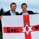 Northern Ireland's Graeme McDowell and Rory McIlroy enjoying Team Europe success. (Photo by Jamie Squire/Getty Images)