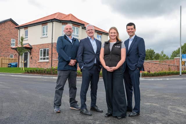 Toland House Properties completes first home of new Antrim development, supported by Danske Bank. Pictured is Neal Toland, director at Toland House Properties, Brian Shane, corporate banking manager at Danske Bank, Sarah Toland, director at Toland House Properties and Alan Wilson, senior corporate banking manager at Danske Bank