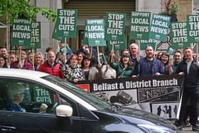 BBC staff on the picket line at Broadcasting House this morning, Friday May 19 2023, one of the biggest news days of the year. The NUJ confirmed over 200 members within BBC Northern Ireland are taking part in the 24 hour walk out. Pic Colm Lenaghan/Pacemaker