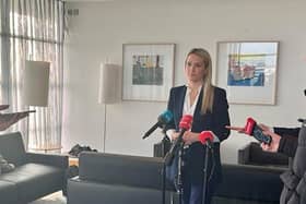 Handout photo issued by the Department for Justice of the Minister for Justice, Helen McEntee, speaking to the media at Dublin Port Centre. Picture: Department for Justice/PA Wire