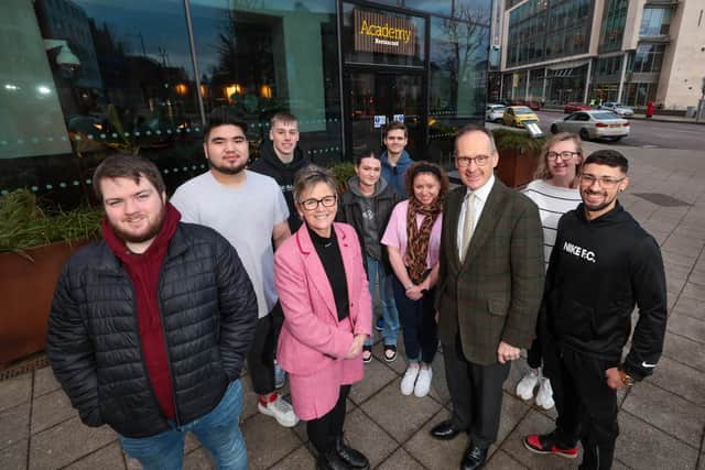 Dr Nikki McQuillan, programme director for Ulster University and Howard Hastings, chairman of Hastings Hotels are pictured at the launch of the 2024 programme with some of this year’s participants