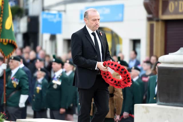 Secretary of State for Northern Ireland Chris Heaton-Harris at the Remembrance Sunday service at the Cenotaph in Enniskillen