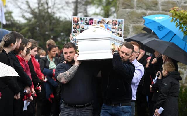 The coffin of 17-year-old Kamile Vaicikonyte being carried outside St Mary’s Church in Aughnacloy, Co Tyrone ahead of her funeral. Kamile died along with her boyfriend Jamie Moore, 19, in a single vehicle crash on the A5 near Omagh, Co Tyrone on Tuesday evening Picture: Oliver McVeigh/PA Wire