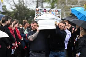 The coffin of 17-year-old Kamile Vaicikonyte being carried outside St Mary’s Church in Aughnacloy, Co Tyrone ahead of her funeral. Kamile died along with her boyfriend Jamie Moore, 19, in a single vehicle crash on the A5 near Omagh, Co Tyrone on Tuesday evening Picture: Oliver McVeigh/PA Wire