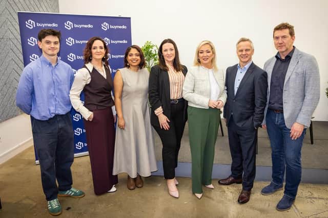Irish advertising technology innovator, Buymedia, has opened a new office in Belfast. Pictured is Johnnie Bell, Buymedia, Clair Cheel, sales and operations director, NI, Eir Business, Hansika Vaid, Buymedia, Ailish McDonnell, Buymedia, First Minister Michelle O'Neill, Fergal O'Connor, CEO and founder of Buymedia and Martin Wells, managing director, Buymedia