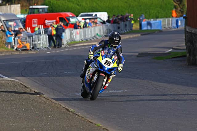 Mike Browne on the Burrows Suzuki in Clough village during practice for the Mid-Antrim 150 on Friday.
