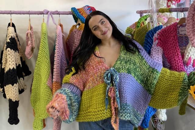 Hope Macaulay wearing one of her knitted garments