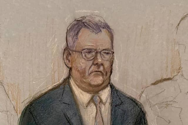 Court artist drawing by Elizabeth Cook of former DUP leader Jeffrey Donaldson appearing at Newry Crown Court, where was given 15 years for 18 sex offences. Thursday October 15, 2026. (Elizabeth Cook/the Press Association).