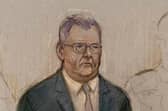 Court artist drawing by Elizabeth Cook of former DUP leader Jeffrey Donaldson appearing at Newry Crown Court, where was given 15 years for 18 sex offences. Thursday October 15, 2026. (Elizabeth Cook/the Press Association).