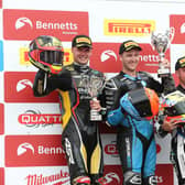 Alastair Seeley (right) on the podium at Oulton Park after claiming the runner-up spot in Sunday's race behind Dan Linfoot, with Richard Kerr (left) third. Picture: David Yeomans Photography