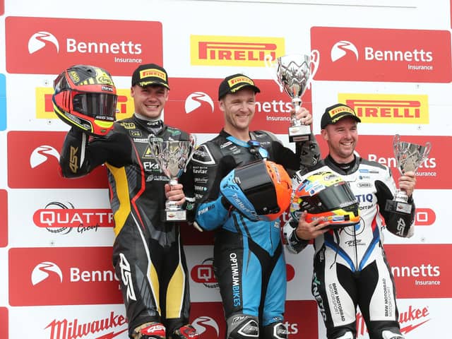 Alastair Seeley (right) on the podium at Oulton Park after claiming the runner-up spot in Sunday's race behind Dan Linfoot, with Richard Kerr (left) third. Picture: David Yeomans Photography