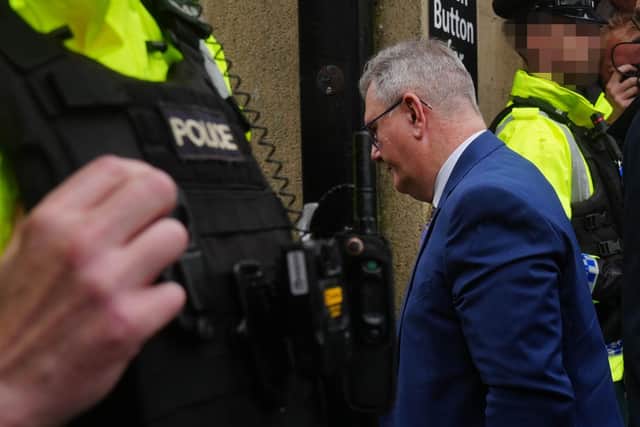 Jeffrey Donaldson arriving at Newry Crown Court where the jury has retire to consider its verdict in his trial alongside his wife Lady Eleanor Donaldson in June.