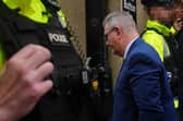 Jeffrey Donaldson arriving at Newry Crown Court where the jury has retire to consider its verdict in his trial alongside his wife Lady Eleanor Donaldson in June.