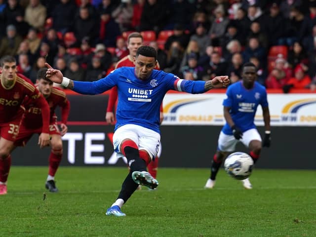 Rangers' James Tavernier scores from the penalty spot during the cinch Premiership match at Pittodrie Stadium against Aberdeen. (Photo by Andrew Milligan/PA Wire)